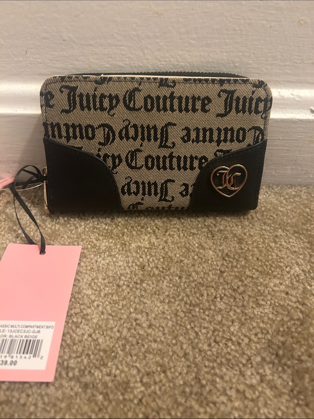 Juicy Couture Black and Beige Script Logo Zip Wallet with Gold Heart
